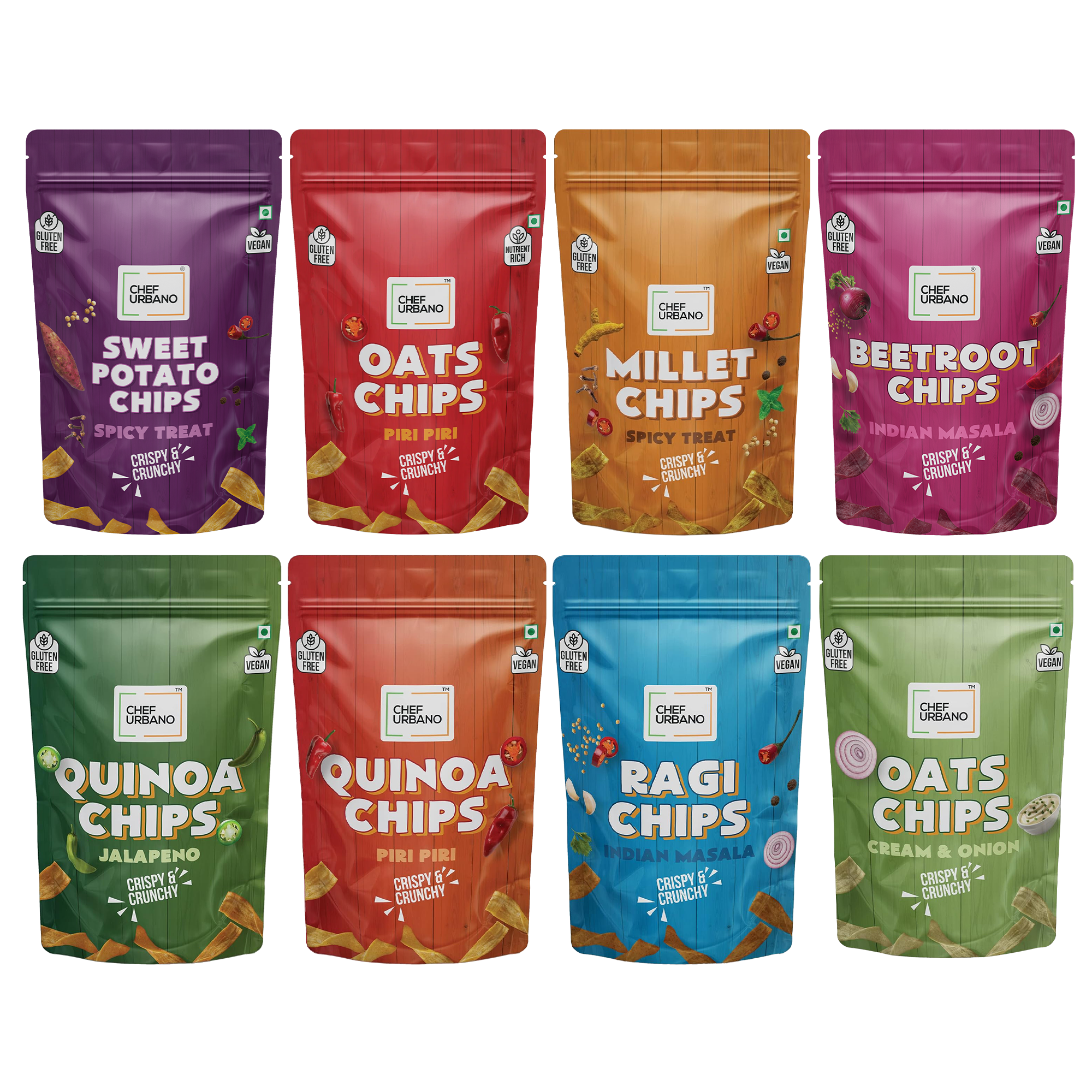 Chef Urbano Super 8 Pack of Gluten Free Chips | Gluten Free | Vegan | Low GI | Crunchy Healthy Snacks | High Protein and Fibre Rich | Good for Diet
