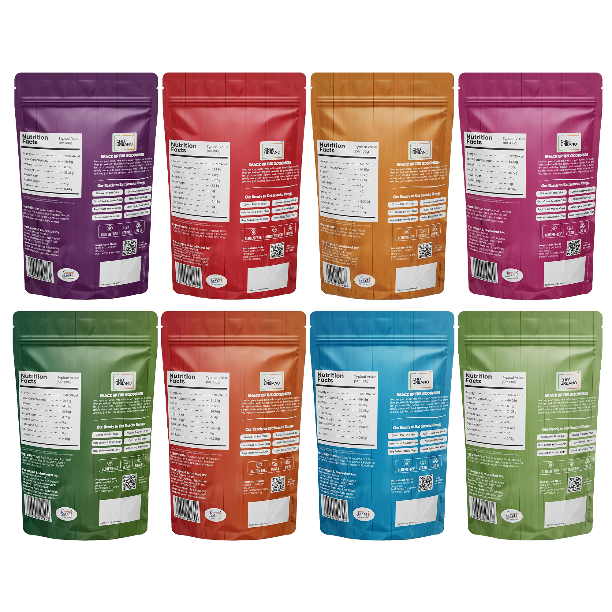 Chef Urbano Super 8 Pack of Gluten Free Chips | Gluten Free | Vegan | Low GI | Crunchy Healthy Snacks | High Protein and Fibre Rich | Good for Diet