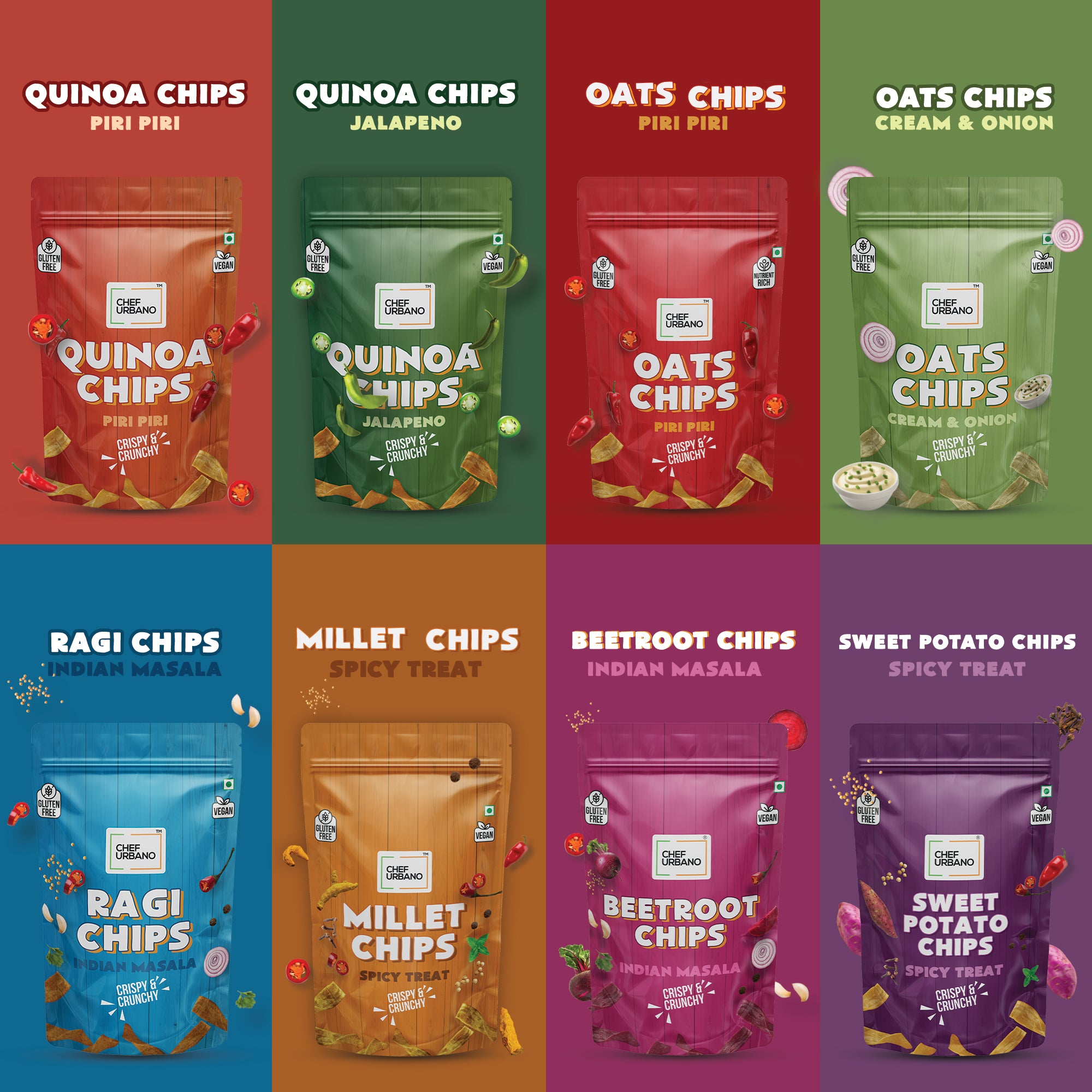 Chef Urbano Super 8 Pack of Gluten Free Chips | Gluten Free | Vegan | Low GI | Crunchy Healthy Snacks | High Protein and Fibre Rich | Good for Diet